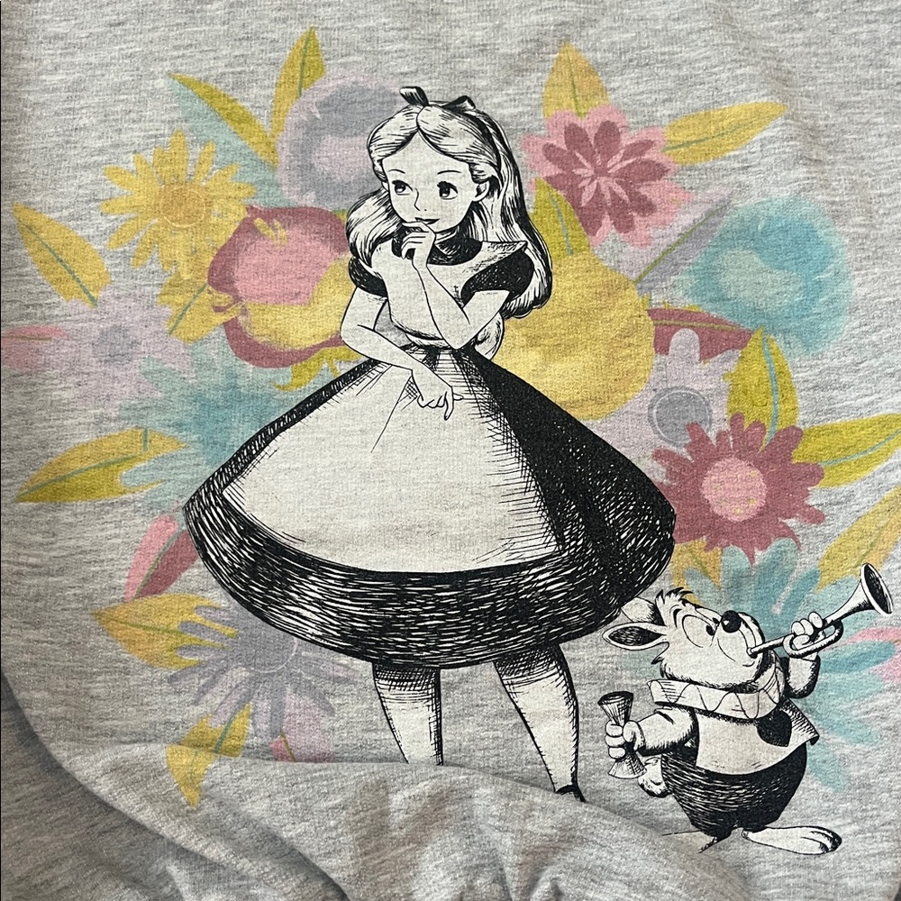 Disney Gray Kids Sweatshirt with Floral Alice In Wonderland Design - Picture 3 of 4